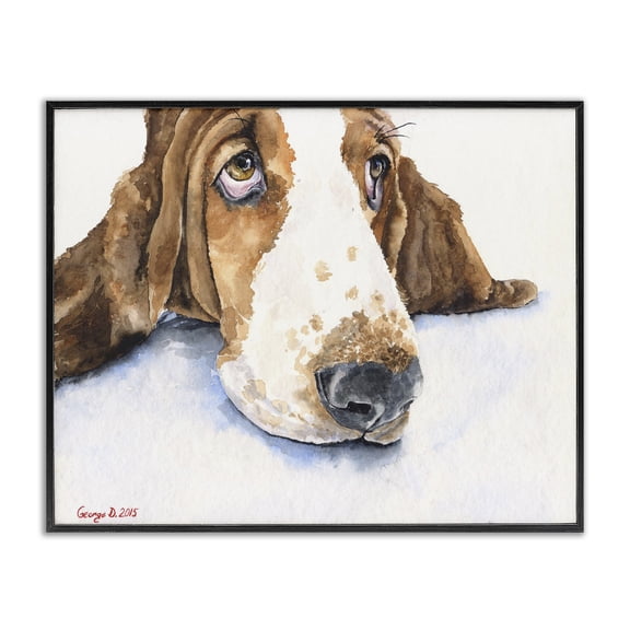 Stupell Industries Farmhouse Cute Dog Head Basset Hound Pet Animal Watercolor Black Framed Giclee Art, 20 x 16, by George Dyachenko