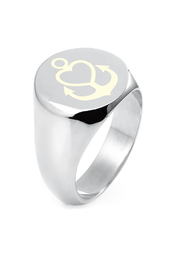 Sterling Silver Nautical Heart Anchor Engraved Round Flat Top Polished Ring