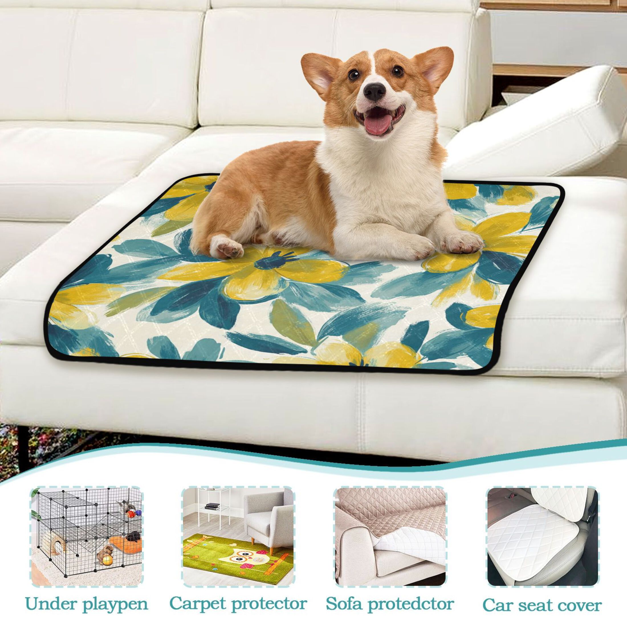 Qxltty Yellow and Teal Flowers Cat litter Pads Pet Set of 2 Diaper Mats Center Anti-leakage Layer Absorbent Soft and Comfortable