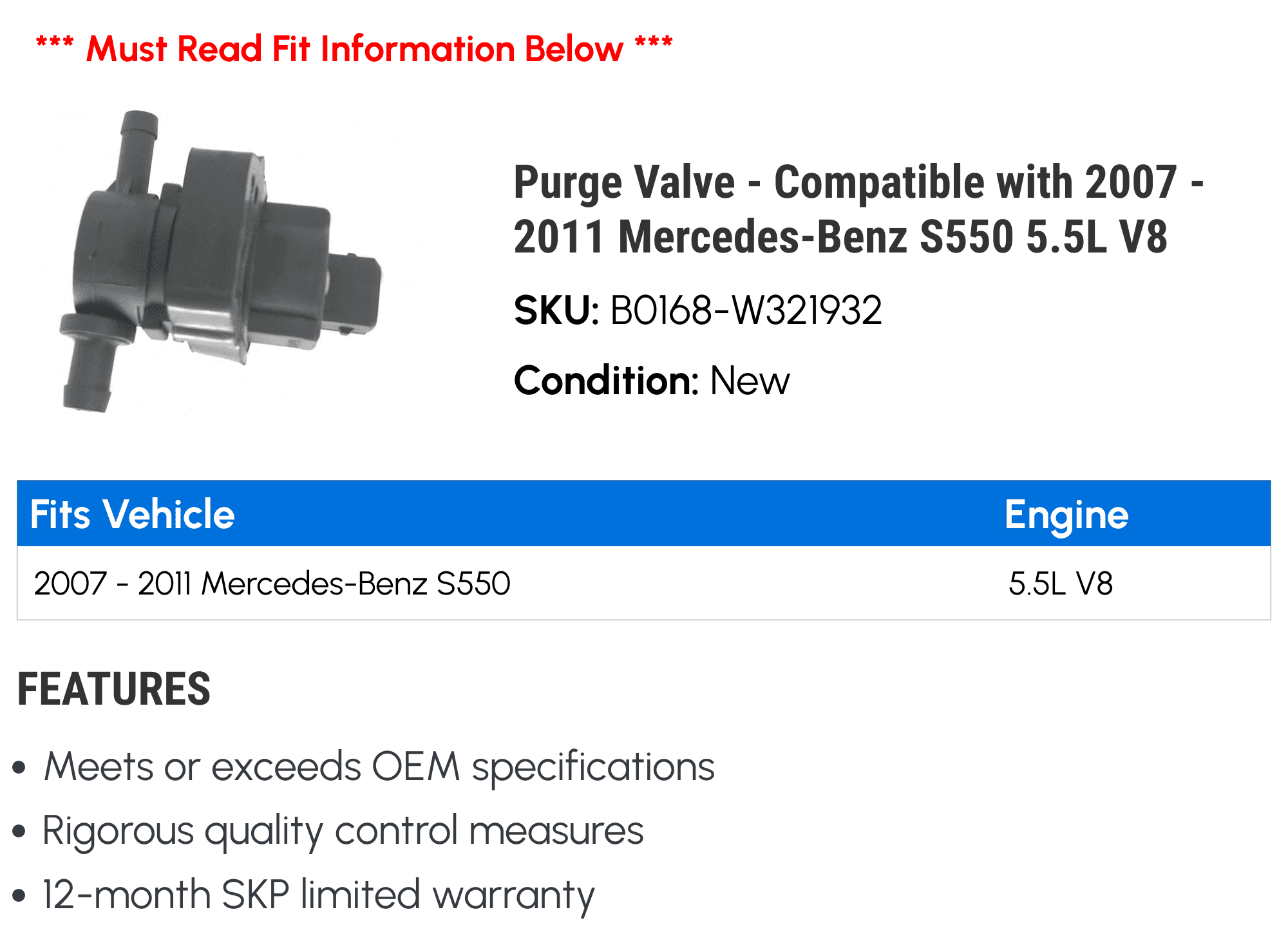 Purge Valve - Compatible with 2007 - 2011 Mercedes-Benz S550 5.5L V8 2008 2009 2010