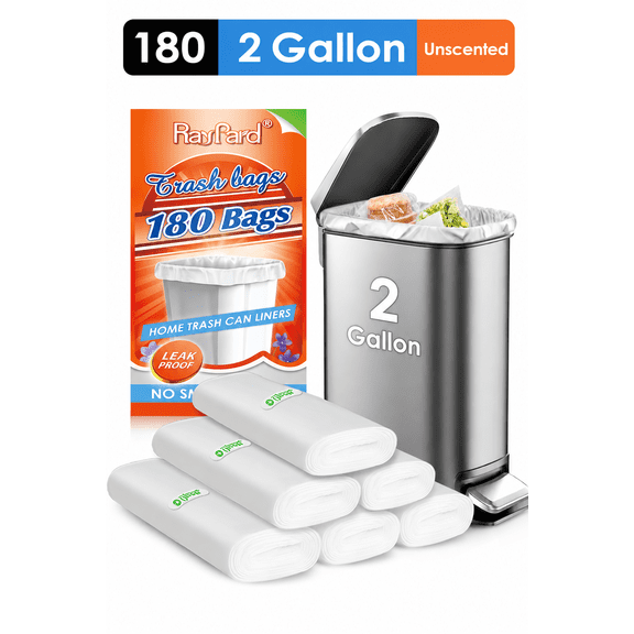 2 Gallon 180 Counts Small Trash Bags Garbage Bags by RayPard, fit 6-7.5 Liter Waste Basket, 1.8-2 Gal Strong Trash Can Liners for Home Office Kitchen Bathroom Bedroom, Clear