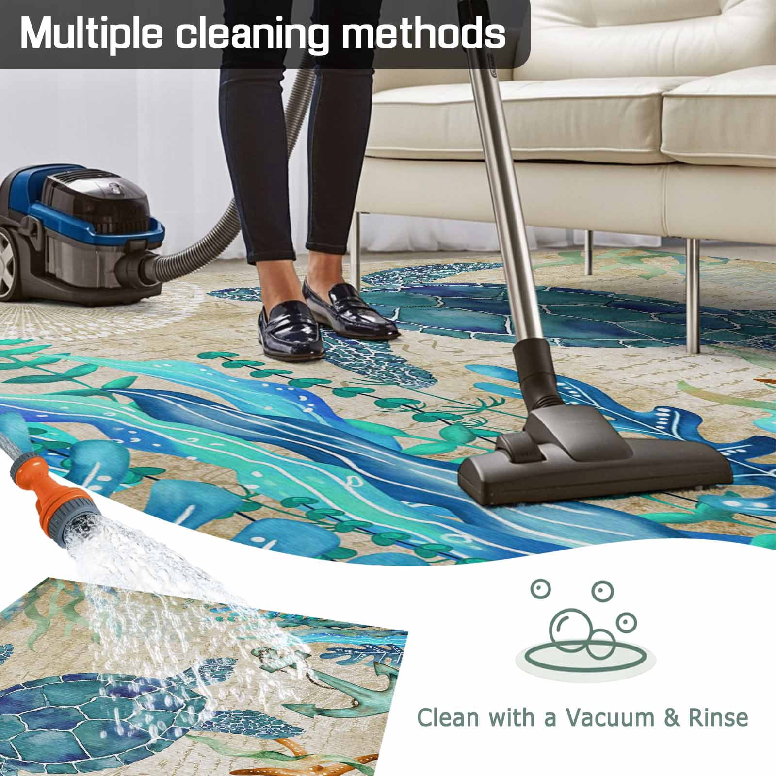 4' x 6' Outdoor Rug, Teal Sea Turtle Coastal Outdoor Washable Rug Large Floor Carpet, Vintage Summer Beach Seaweed Non Shedding Area Rug for Outside Patio RV Porch Deck Balcony Camping Living Room