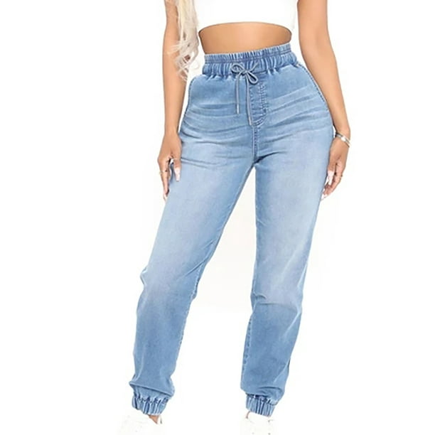 High Waisted Denim Joggers Jeans for Women Drawstring Elastic Waist Stretch  Pull-on Workout Denim Pants Trousers