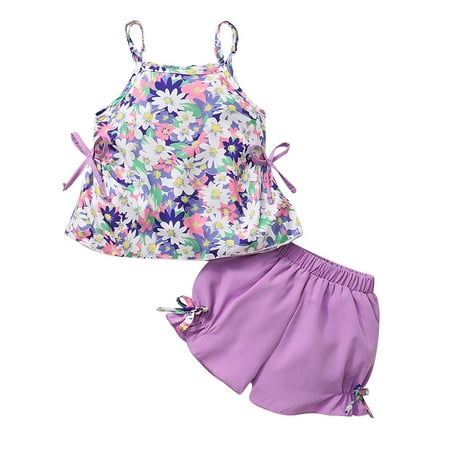 

Fanvereka Girl s Summer Clothing Set Flower Print Sleeveless Sling Tops Shorts Two-piece Suit