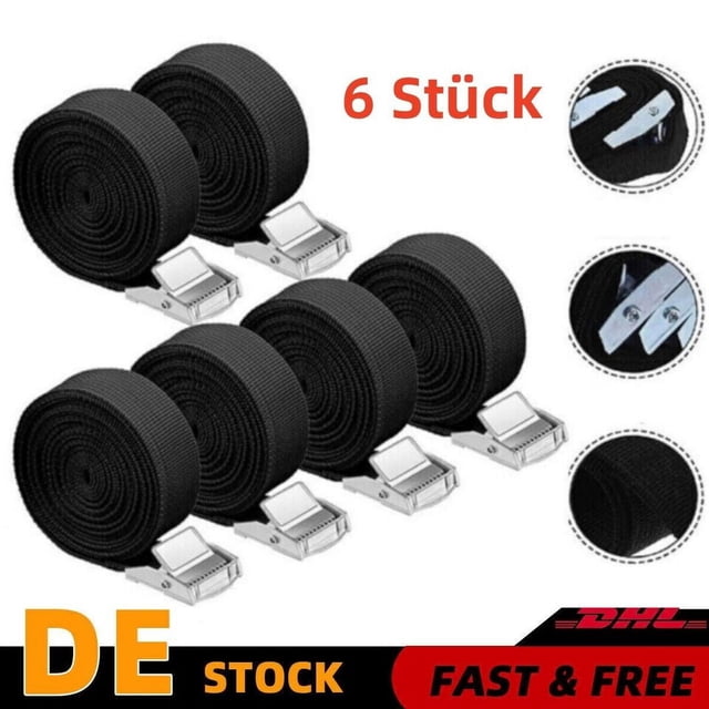 Sangles de Fixation Réglables, Attache de Cargaison Robuste avec Boucle à Came pour Sécurisation Multi-Usage, Noir, 6 Pcs