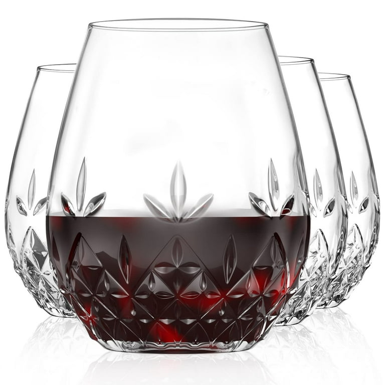 Wine Glasses - Stemless Wine Glass Set of 4 Hand Cut Crystal Wine