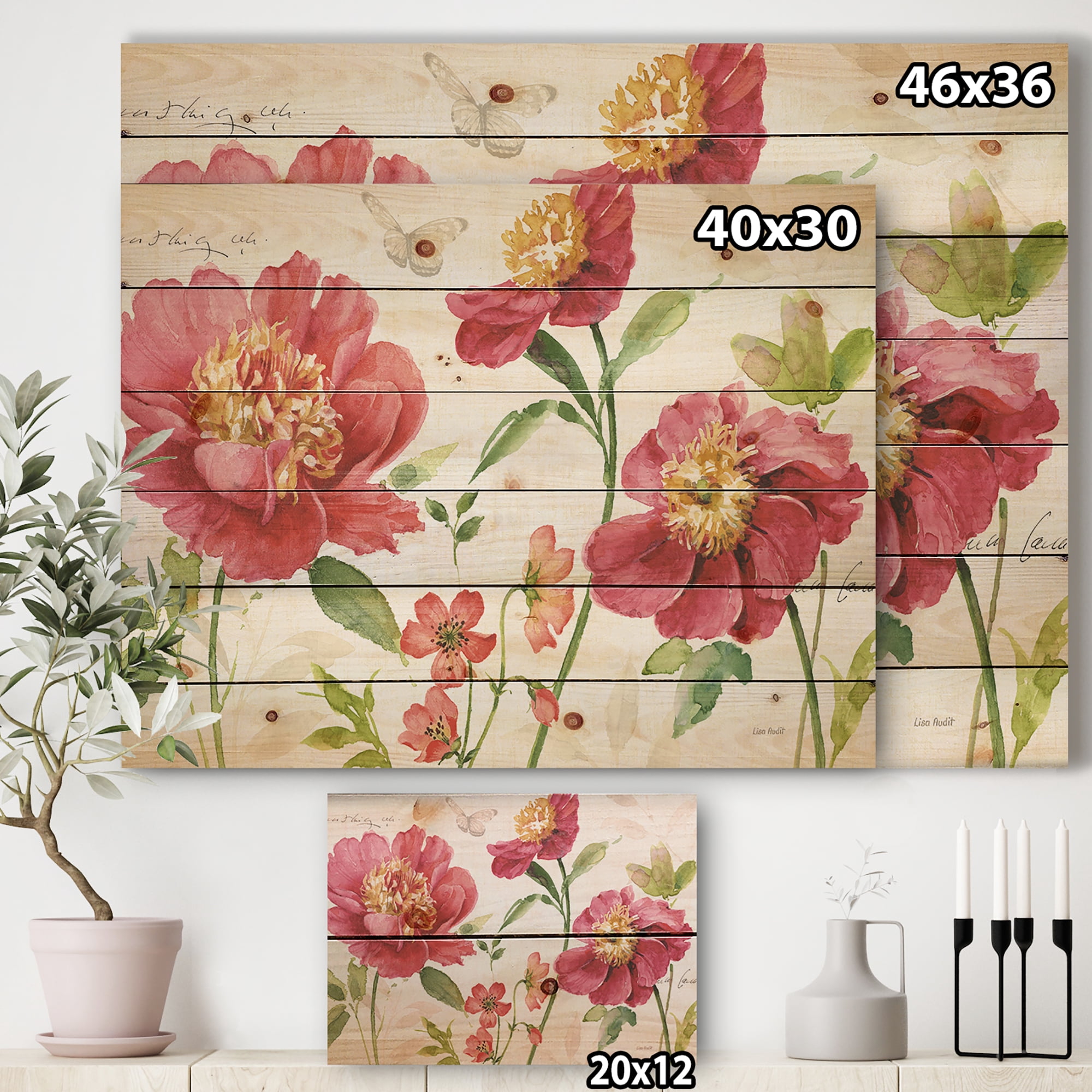 Designart 'Butterfly and Red Springflowers' Cabin & Lodge Print on Natural Pine Wood
