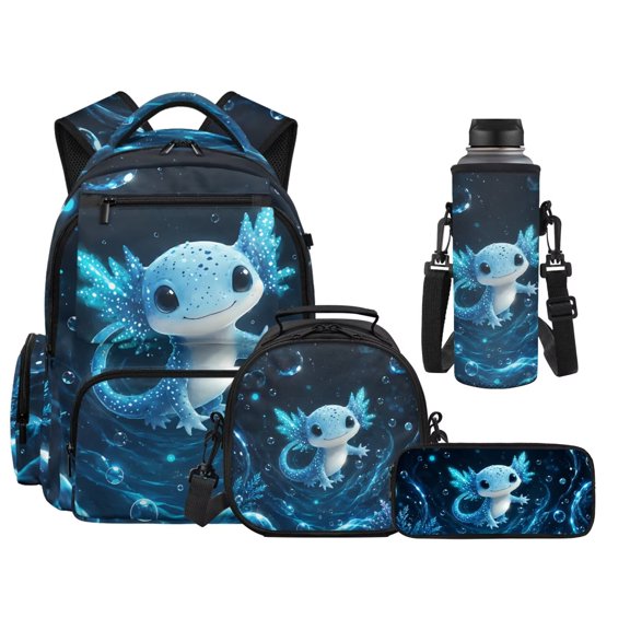 Yuyamidu Blue Axolotl 17 Inch Kids School Backpack Set, 4 Piece Flap Backpack with Lunch Bag, Pencil Case and Water Bottle Holder, Lightweight 600D School Bag for Elementary and Middle School