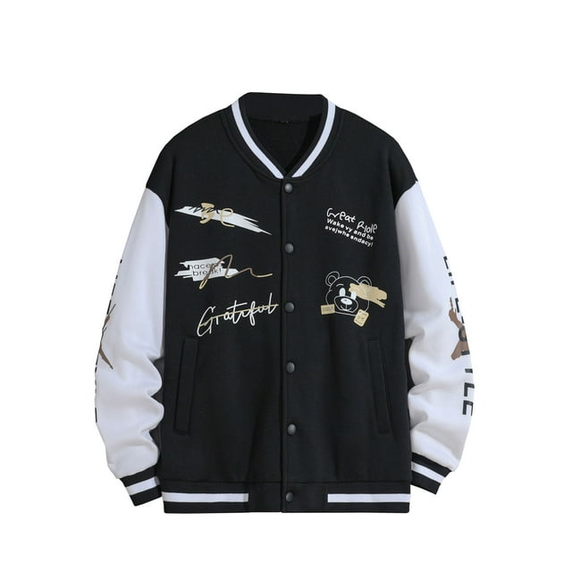 Faithtur Men Baseball Jacket, Long Sleeve Button Closure Letters Bear Print Contrast Color Varsity Jacket Fall Casual Jacket