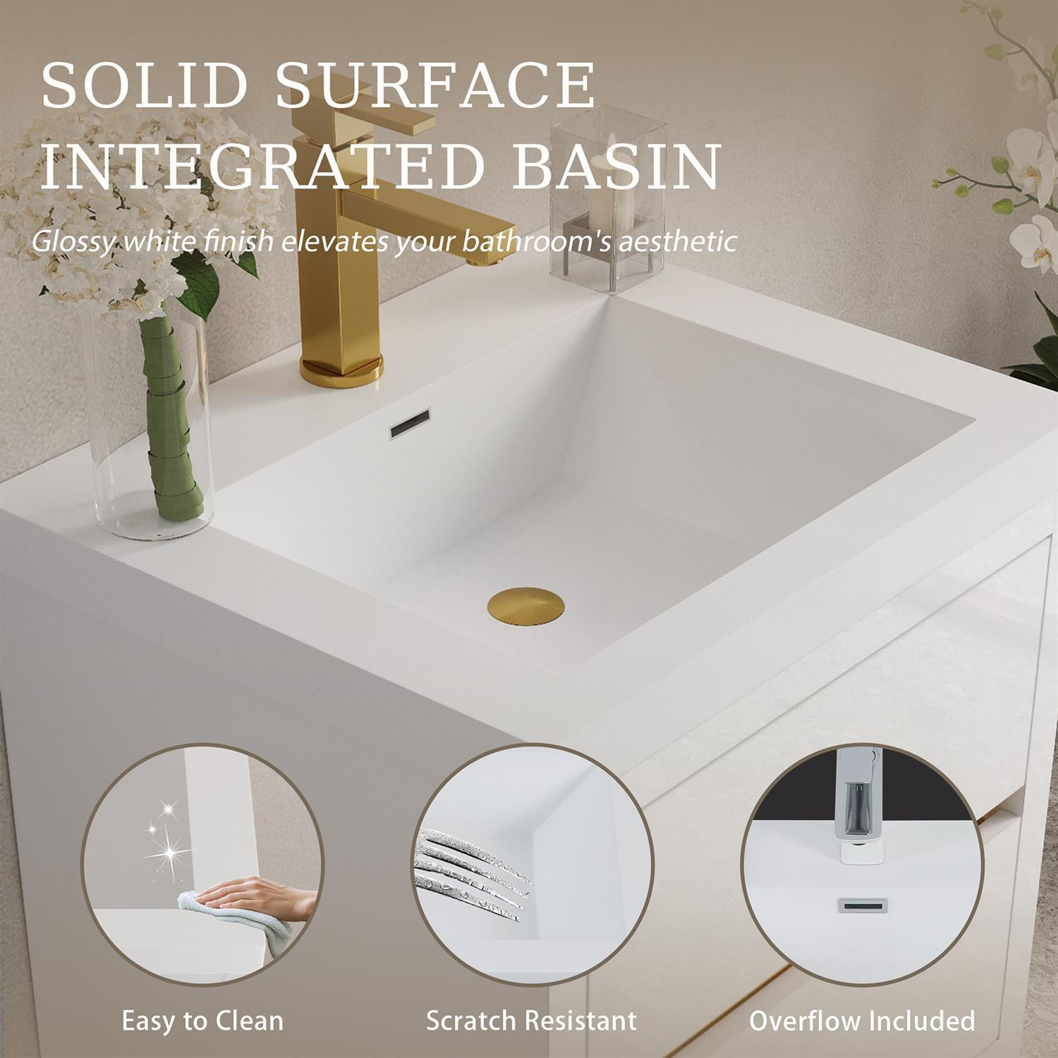 Demi Bonn 23" Wall-Mounted Bathroom Vanity with Sink, Stone Resin Countertop and 2 Soft Close Drawers, Faucets and Drains Not Included, White