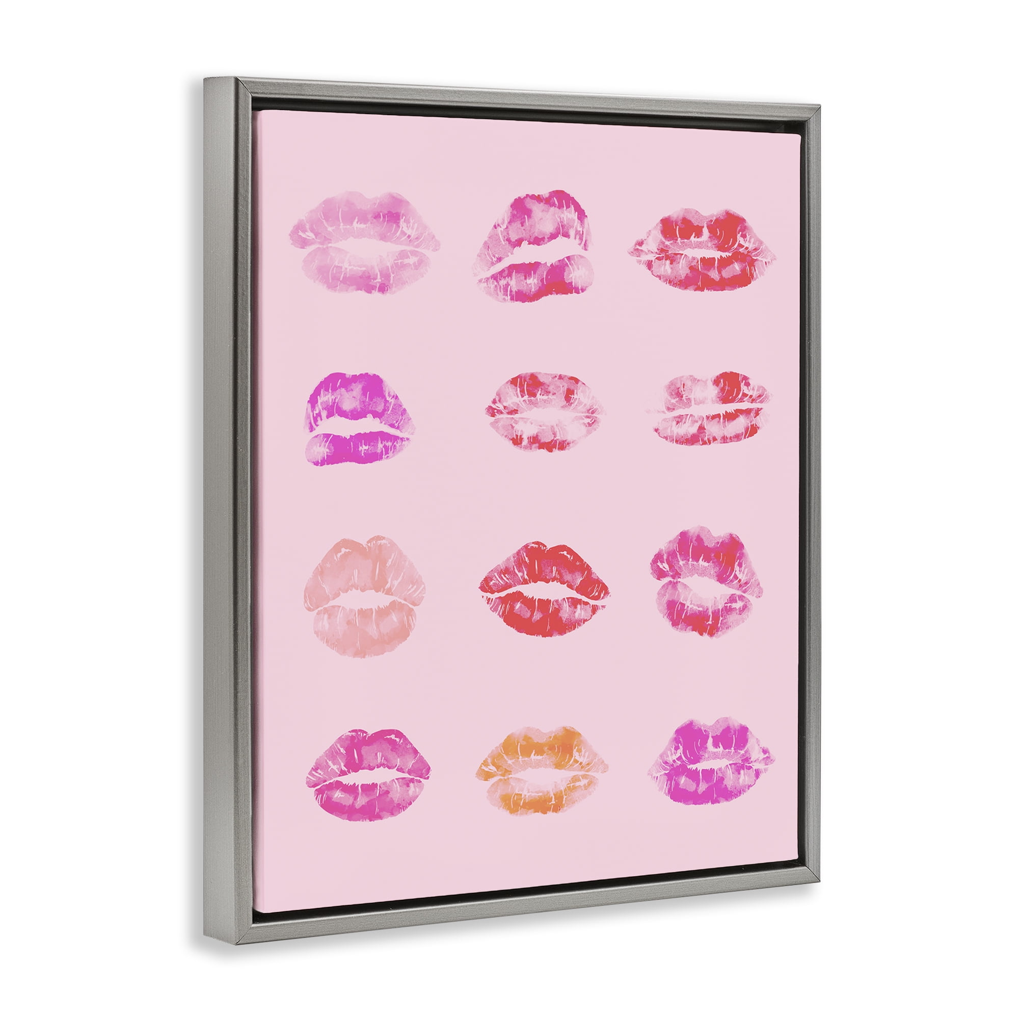 Stupell Industries Lipstick Kiss Pattern Beauty & Fashion Painting Gray Floater Framed Art Print Wall Art, 25 x 31