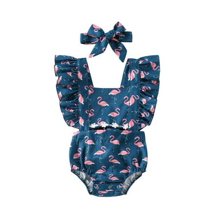 

Gwiyeopda Newborn Infant Baby Girls Flamingo Romper Ruffle Fly Sleeve Jumpsuit Bodysuit +Headband