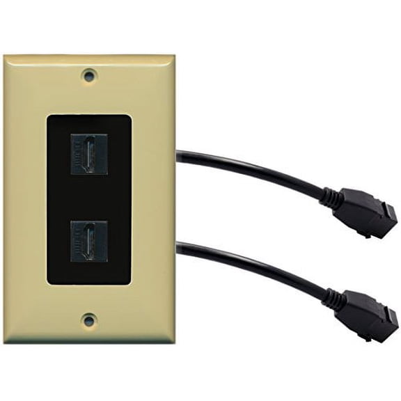 RiteAV (1 Gang Decorative 2 HDMI Black Wall Plate w/Pigtail Extension Cable Ivory (Black Insert)