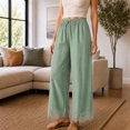 thumbnail image 5 of Wrongduck Women's Lace Trim Wide Leg Pants, Cropped Palazzo Trousers with Drawstring Elastic Waist and Pockets, Lightweight Summer Casual Lounge Pants, 5 of 7