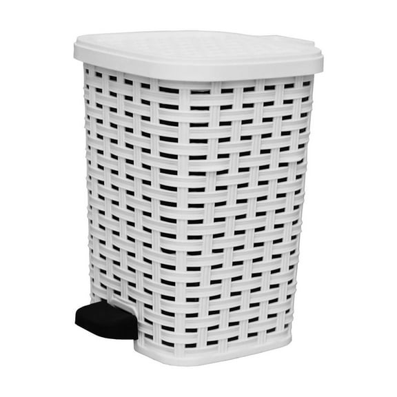 Superio Small Outdoor Trash Can with Lid for Dog Poop 27 Liter - 6.8 Gallon White Plastic Wicker Mini Waste Basket