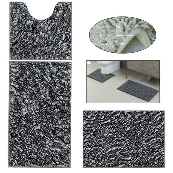 RUseeN Bathroom Rugs Sets 3 Piece Chenille Microfiber Bath Rug Non-Slip Bath Mats with Soft Plush PVC Backing Water Absorbent Carpet 1'' Quick Dry Microfiber Toilet Mat, Deep Gray