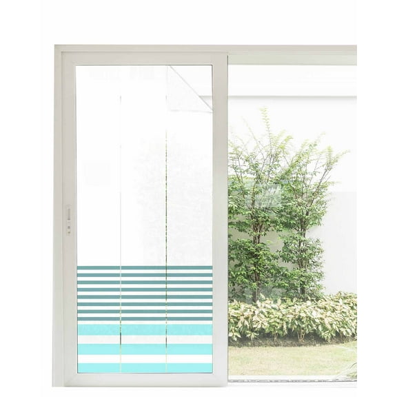 Window Privacy Film,Green Aqua Modern Stripes Sun Blocking Window Tint Film Heat Control One Way Blackout Window Film,Country Chic White Stiped Geometric Lines Non Adhesive Static Cling 35.4x78.7 In