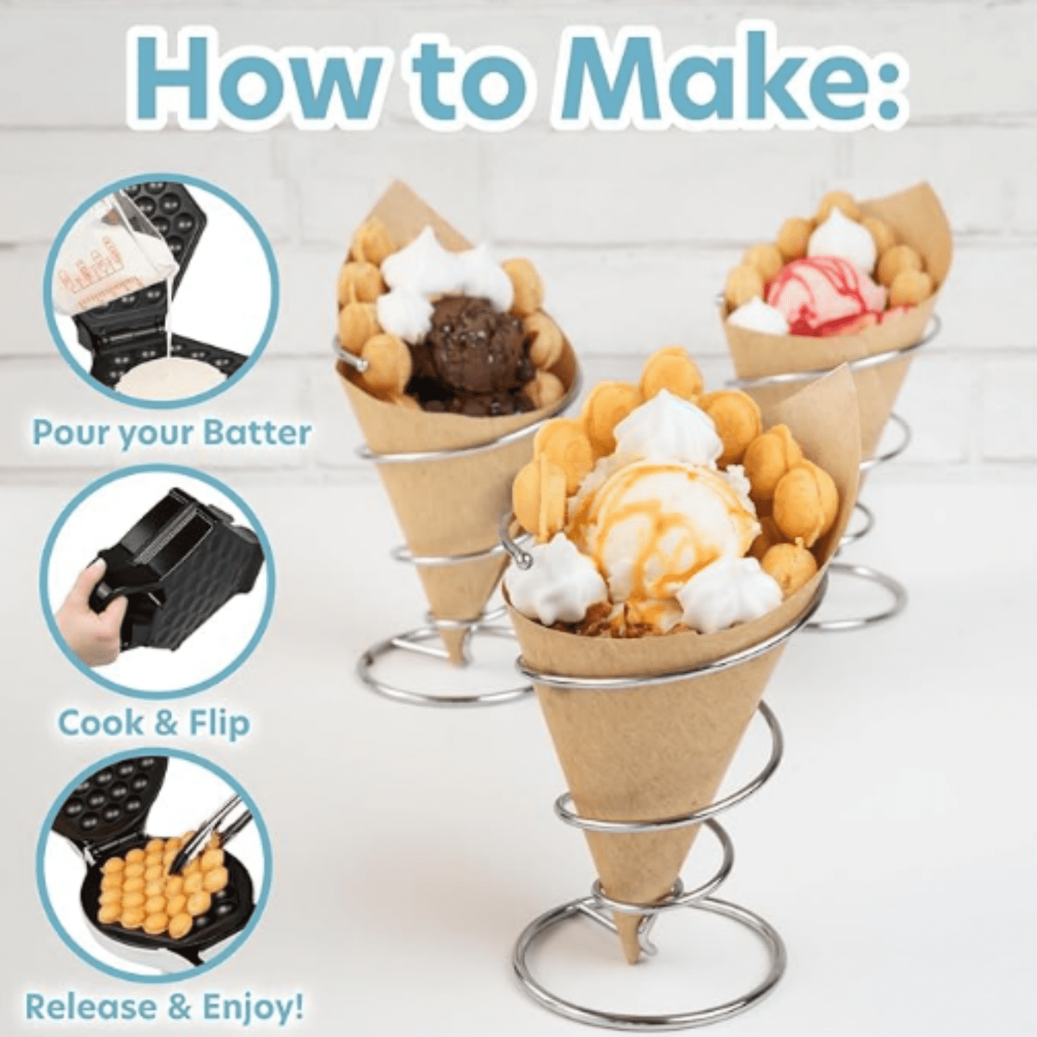 Bubble Waffle Maker- Electric Non stick Hong Kong Egg Waffler Iron Griddle w/Ready Indicator Light- Ready in under 5 Mins- Recipe Guide Included, Make Delicious Ice Cream Cones for Xmas Gift or Treat