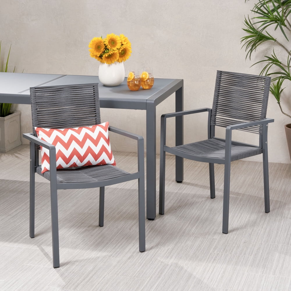 Set of 2 Gray Aluminum Outdoor Dining Chairs with Woven Rope Seat, Modern Patio Seating for Garden or Deck
