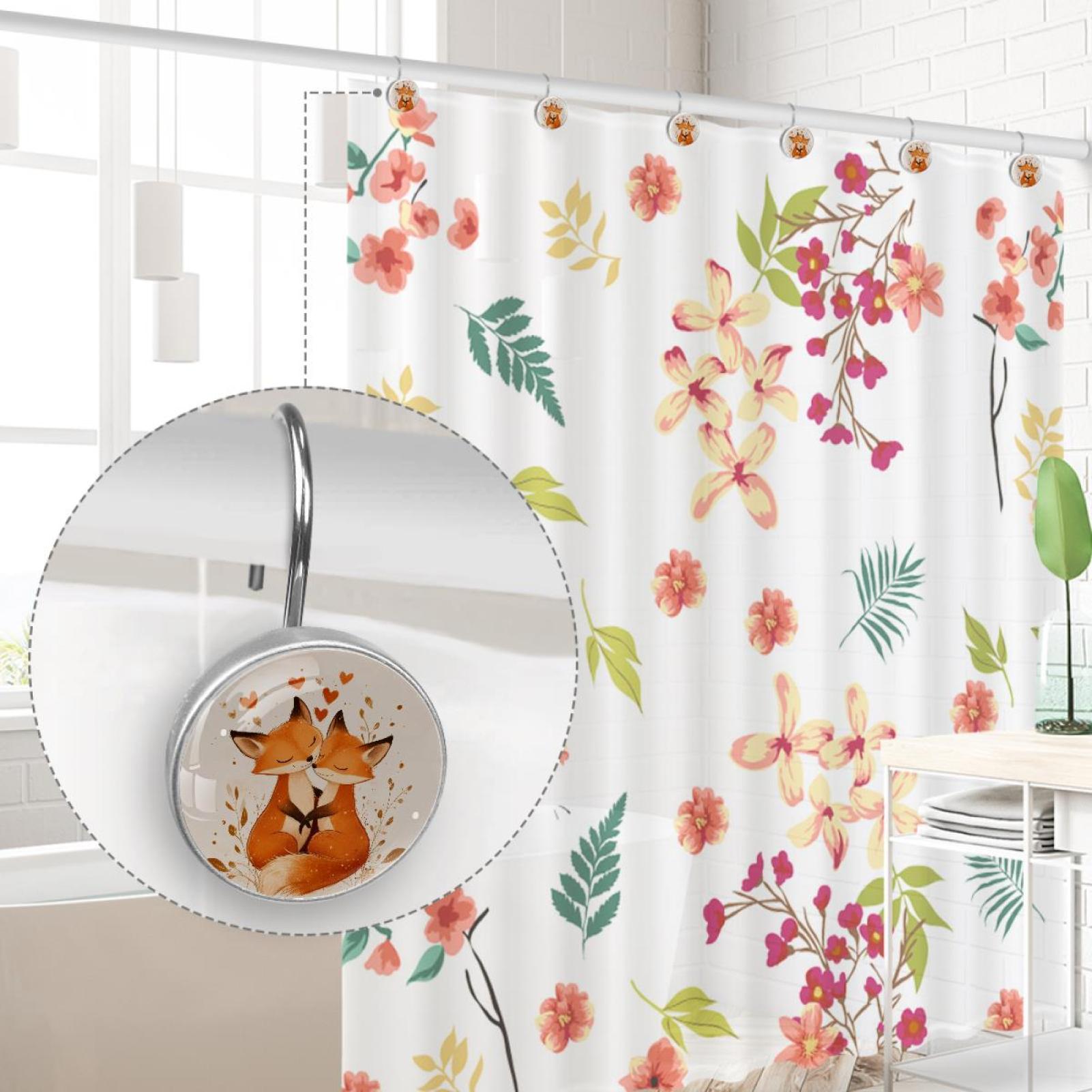 Foxes with Hearts Shower Curtain Hooks Round Crystal Glass, Set of 12 Shower Curtain Rings - Shower Hooks for Curtain Shower Rings