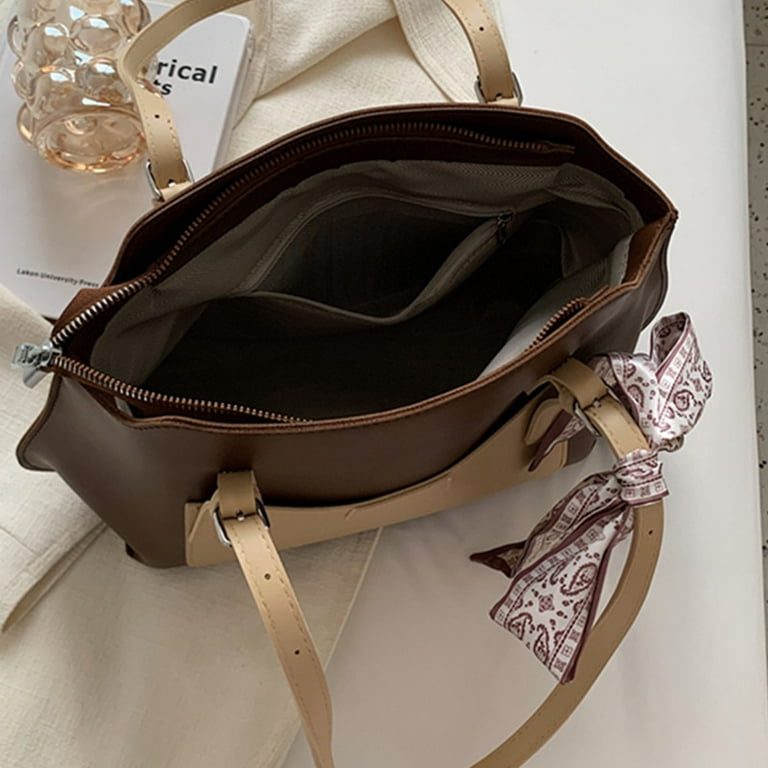 Fashion Contrast Color Pu Leather Tote Bag With Silk Scarf Decoration