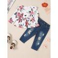 thumbnail image 2 of CARETOO Girl Clothes Outfits Toddler Baby Ruffle Sleeve Floral T-Shirt Tops Ripped Jeans Pants Set, 2 of 14