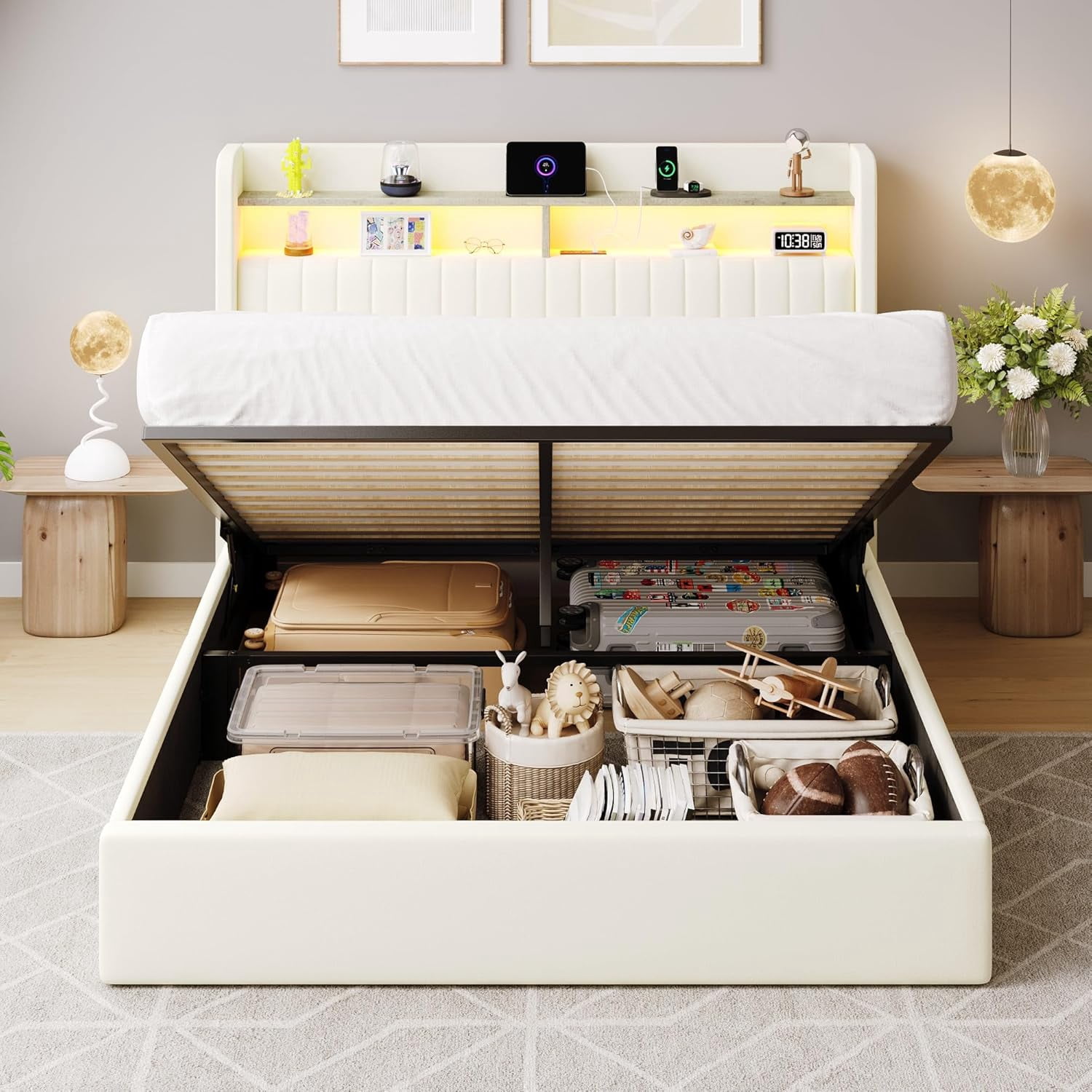 SHA CERLIN Queen Size Lift Up Storage Bed Frame, LED Lights, Charging Station, 2-Tier Shelves Headboard, USB Type-C Ports, Velvet Upholstered, Hydraulic Support, Noise Free, Cream