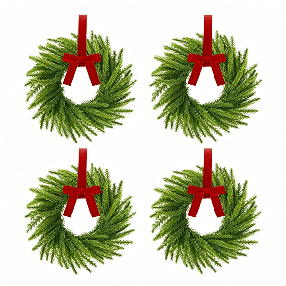 Set of 4 Cabinet Wreaths Norfolk Pine Christmas Wreath with Red Velvet Bow, Small Artificial Christmas Wreath for Kitchen Cabinet, Window, Door, Wall Holiday Decor-11 inches