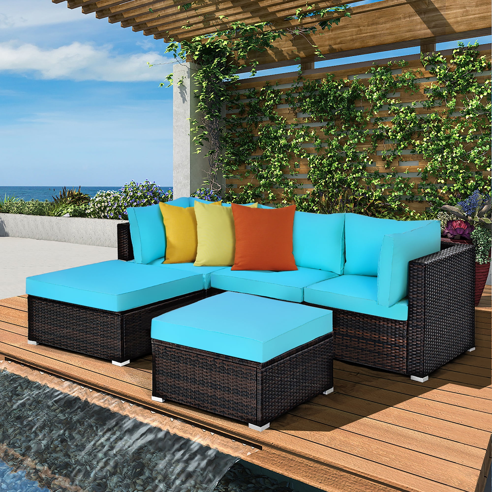 Costway 5PCS Patio Rattan Sectional Conversation Set Ottoman Turquoise