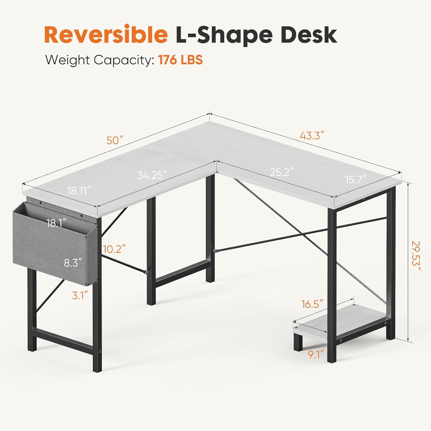 Bigleap L Shaped Computer Desk - Gaming Table Corner Desk 50 Inch PC White Writing Desk Study Desks with Wooden Desktop CPU Stand Side Bag Reversible for Home Office Room Small Space, White