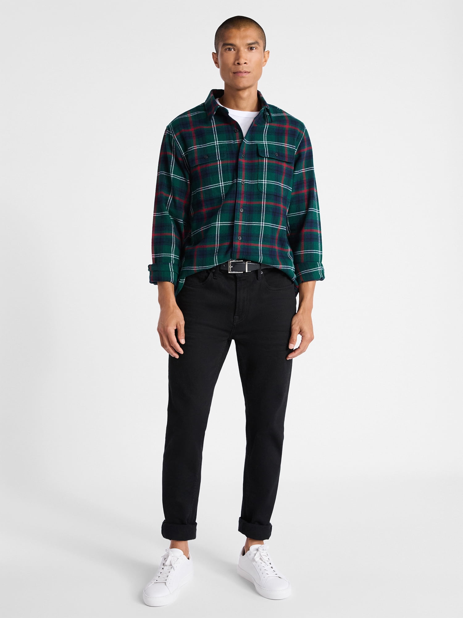 Free Assembly Men's Two Pocket Cotton Flannel Shirt with Long Sleeves, Sizes XS-3XL