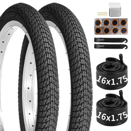 16" Bike Tires and Tubes Bike Tires Set, 2PCS 16×1.75" Replacement Tires with 2PCS Inner Tubes, Shock Absorption Bicycle Tires with AV 1.25" Valves, Mountain Bike Tire Replacement
