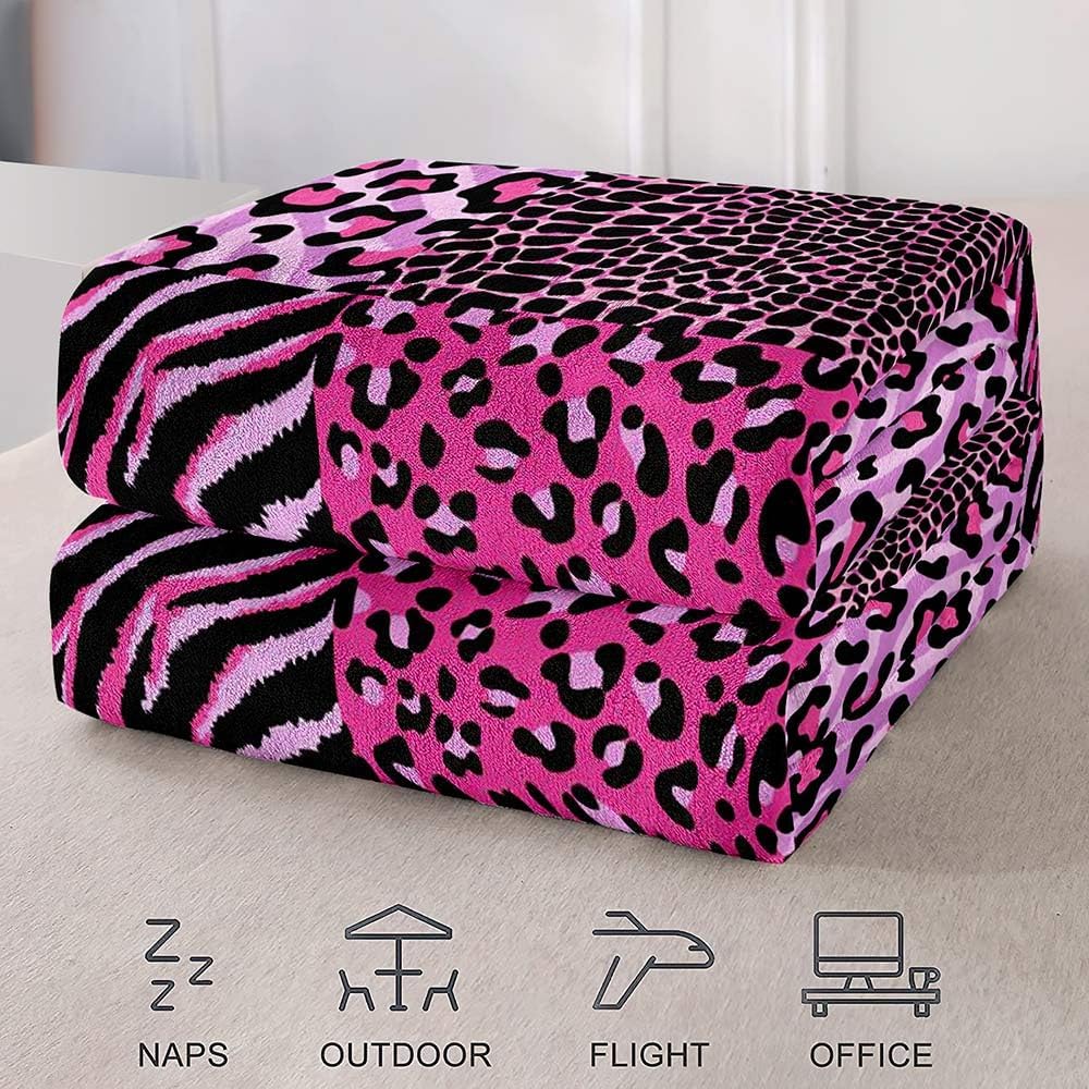 Pink Leopard Throw Blanket, Zebra Print Crocodile Skin Cheetah Print Blanket for Girls, Cozy Warm Soft Lightweight Fluffy Fuzzy Plush Flannel Blanket Fleece Blanket for Couch, Sofa, 50"x60"