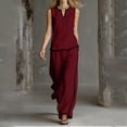 thumbnail image 4 of Women's Cotton Linen 2-Piece Outfit V-Neck Sleeveless Button Detail Top Wide Leg Pants Casual Summer Set Wine S(S), 4 of 6