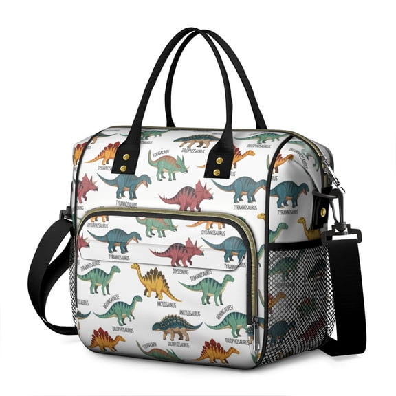 White Dinosaurs with Labels Playfully Womens Lunch Box for Work,Insulated Large Lunch Bag for Tween and Teen,Loncheras Para Mujer,Leakproof Adult Lunch Bag for Work,Beach,Travel,Picnic,Camping