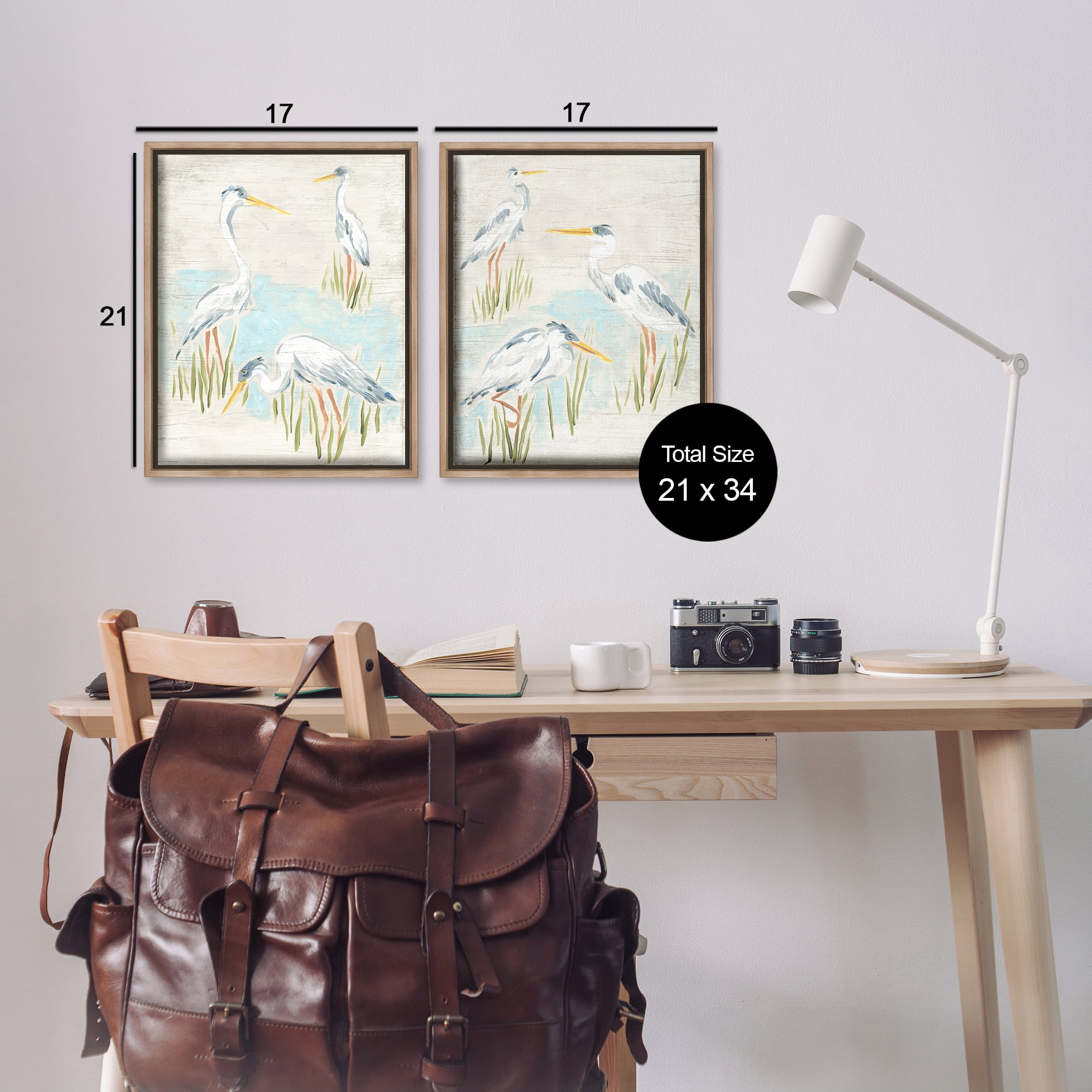Stupell Industries Cranes in Marsh Pond Animals Painting Brown Floater Framed Canvas Art Print Wall Art, 17 x 21, Set of 2