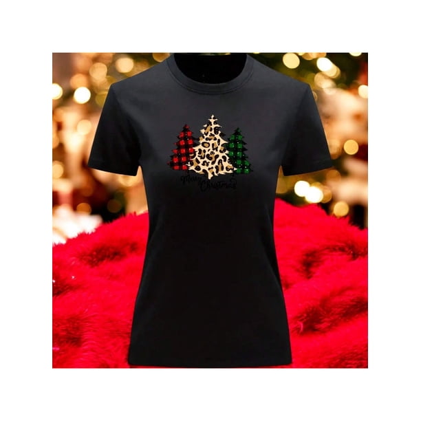 Playera Blusa Con estampado de Pinos De Navidad Merry Christmas Color Negro Talla Chica Marca Emil SaEs