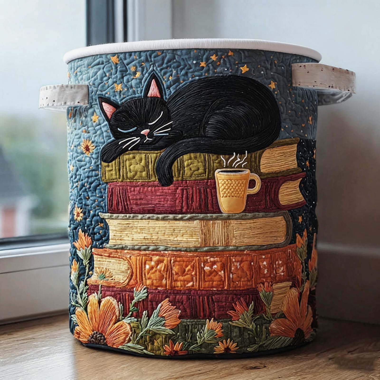 Cat Quilted Laundry Basket, Large Quilted Cute Cat Laundry Baskets with Reinforced Handles, Cozy Kitten Fabric Storage Hamper 18''x14''