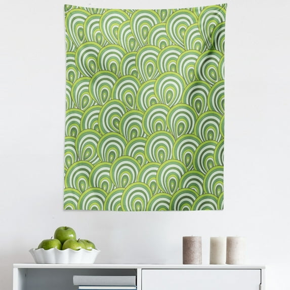 Feather Tapestry, Peacock Design with Bullseye Circles Pattern in Green Shades Wildlife, Fabric Wall Hanging Decor for Bedroom Living Room Dorm, 5 Sizes, Apple Green Fern Green, by Ambesonne