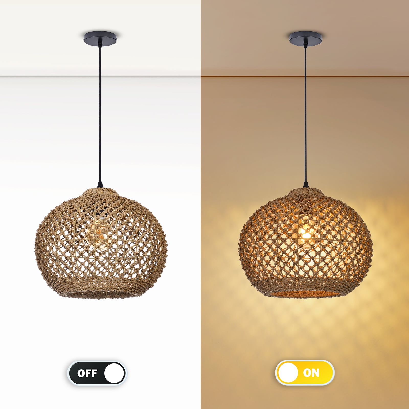 LittleGlovo Boho Rattan Pendant Light With 3-Light Hand Woven Wicker Design, Natural Seagrass Chandelier For Dining Room, Living Room, Bedroom, Kitchen, And Farmhouse Decor