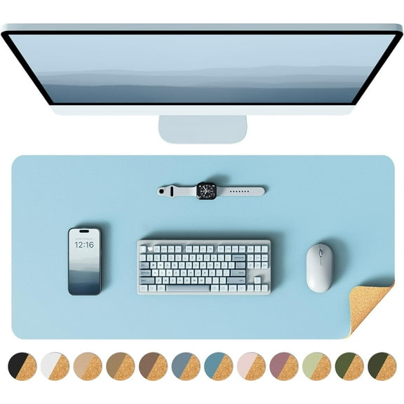 Dual-Sided Desk Pad, Leather Desk Mat, Natural Cork Desk Pad Protector, Large Mouse Pad for Desk, Waterproof Desk Blotter Pad, Desk Writing Pad for Office Work/Home (23.6"x11.8")