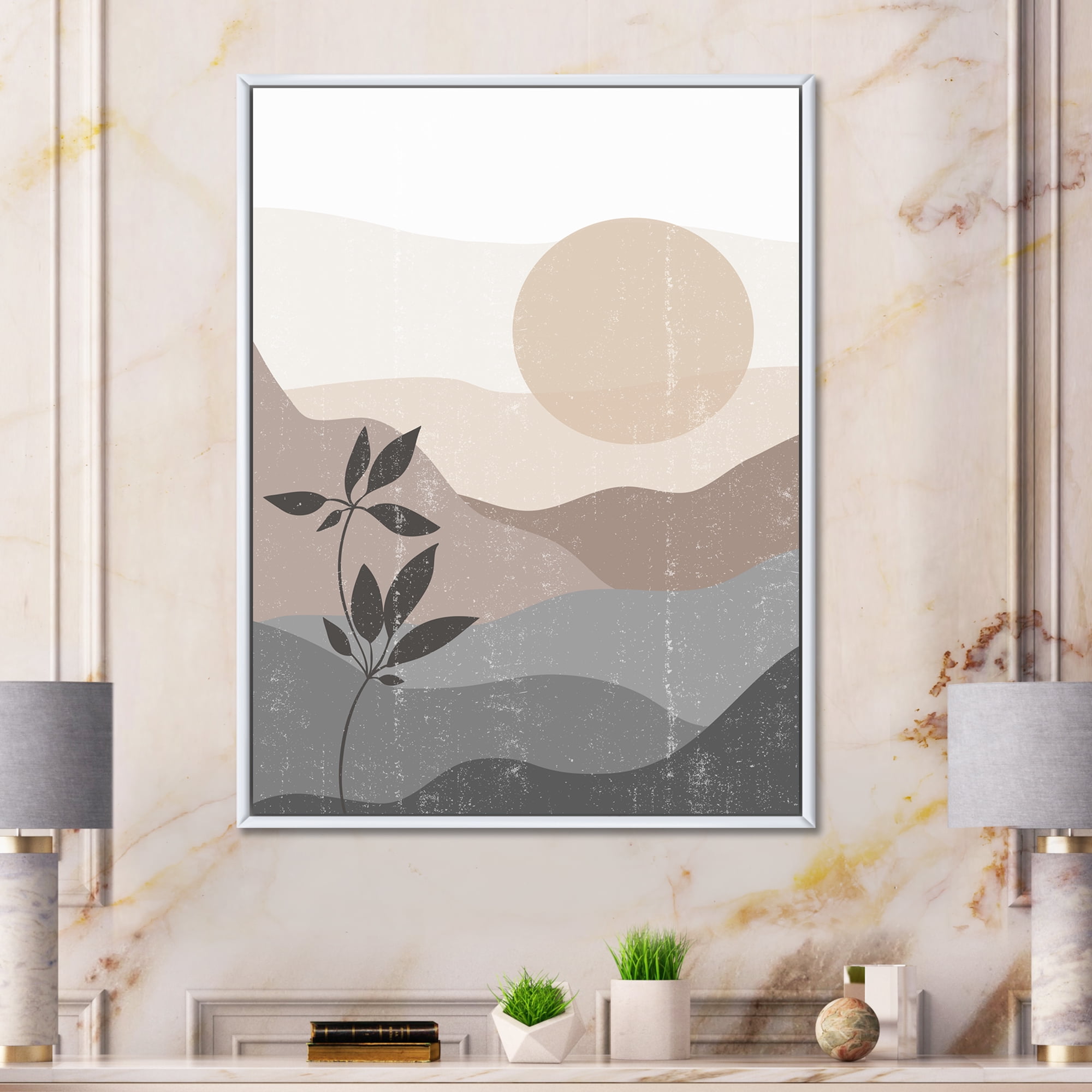 Designart 'Minimalist Sunset Over Mountain Landscape' Modern Framed Canvas Wall Art Print