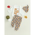 thumbnail image 3 of Wassery Infant Boy Fall Outfits Set 3M 6M 12M Baby Boys 3 Pcs Halloween Clothes Set Long Sleeve Crew Neck Letter Print Romper Pie Print Stripe Long Pants Hat, 3 of 8