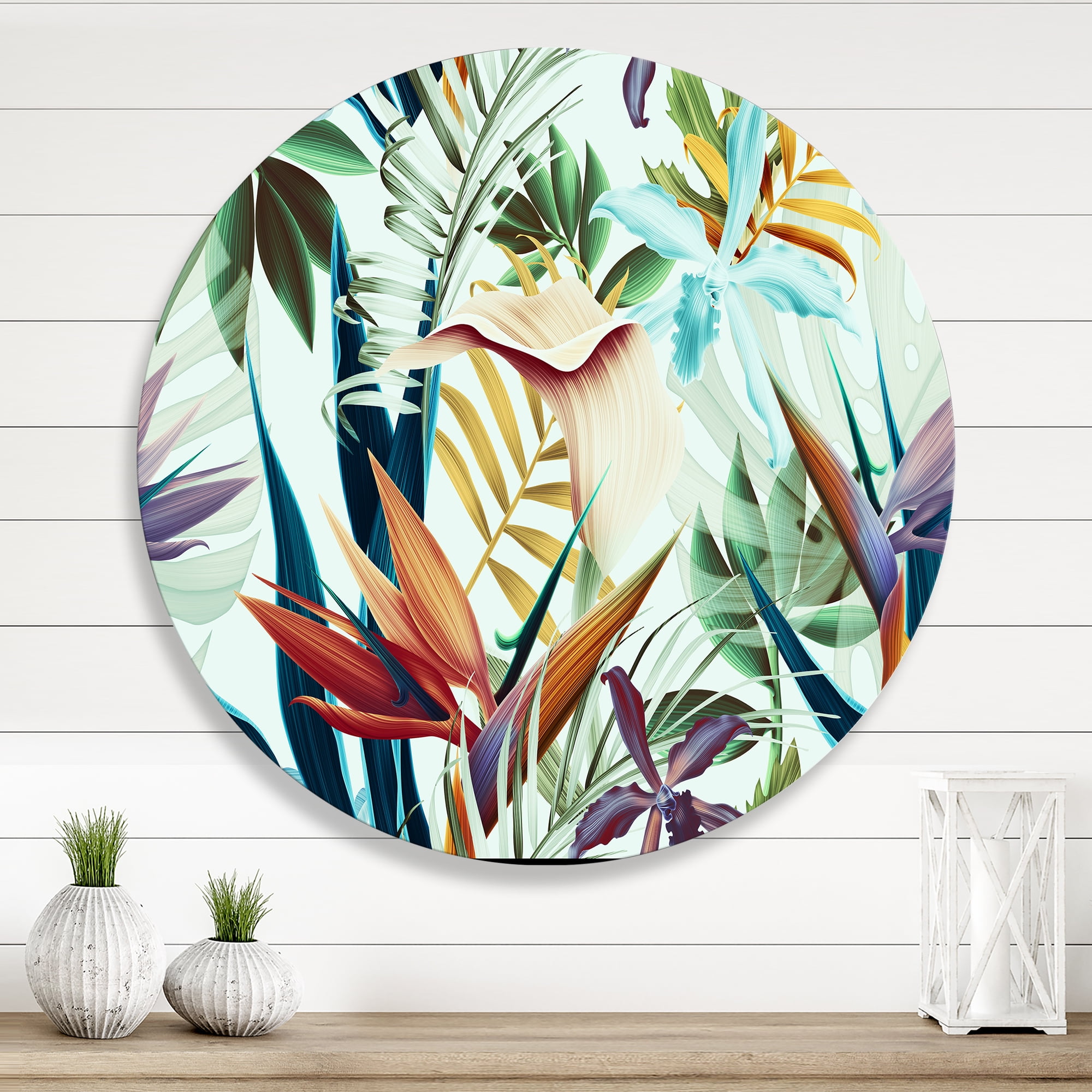 Designart 'VIntage Tropical Flowers I' Tropical Circle Metal Wall Art 23x23 - Disc of 23