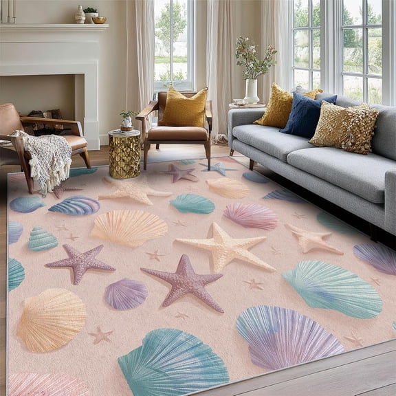 Washable Starfish Seashell Rug, Coastal Area Rugs for Bedroom Living Room, Beach Pattern Design Carpet Home Decor, Non Slip-2' x 3'