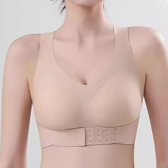 siminsem Breathable Posture Correction Bra for Women, Front Closure Back Support Bra with X Shape, Full Coverage Wireless Corrective Support Bra for Large Bust, Beige,L