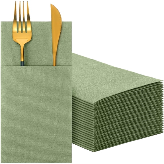 150 Pcs Sage Green Linen Dinner Feel Napkins with Built in Flatware Pocket Prefolded Paper Disposable Airlaid Guest Hand Towel for Silverware Wedding Reception Christmas Baby Shower