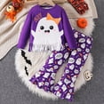 thumbnail image 4 of Bellafa Baby Girl Halloween Outfit Ruffle Long Sleeve Crew Neck Pumpkin Ghost Print Tops Shirt+ Bell Bottoms Toddler Fall Outfits-1PCS, 4 of 10