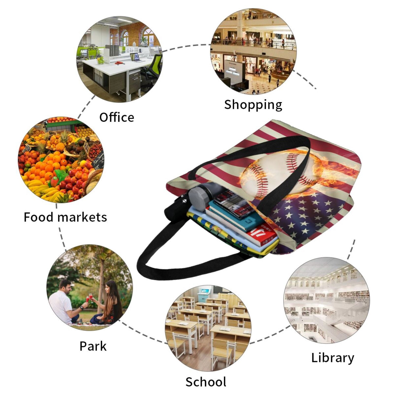 Horeoi Baseball Ball With Flag Print Shoulder Bag for Women Large Capacity Zipper Tote for Shopping Beach Travel Gym with Inner Pocket