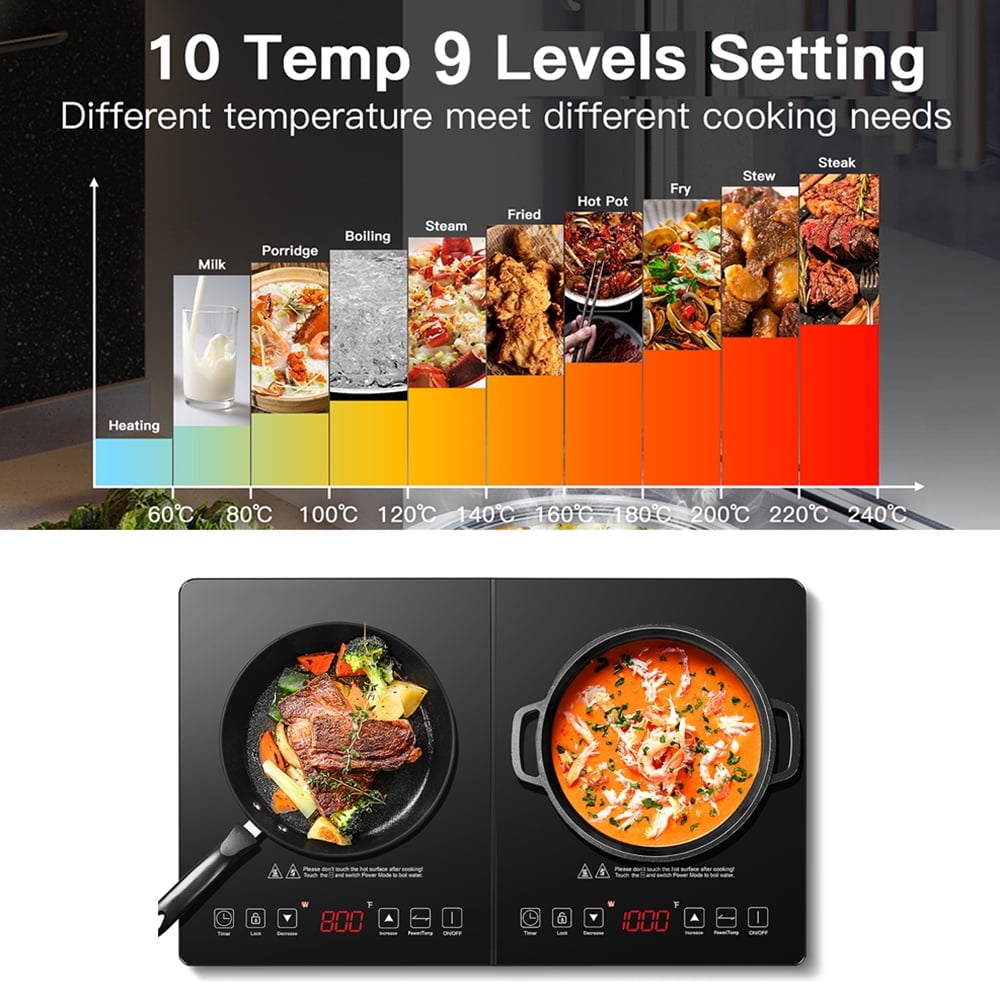 Aaobosi 1800W Double Induction Cooktop Low Noise with Independent Control 2 Burners, 10 Temperature, 9 Power Levels, 3-hour Timer & Child Safety Lock